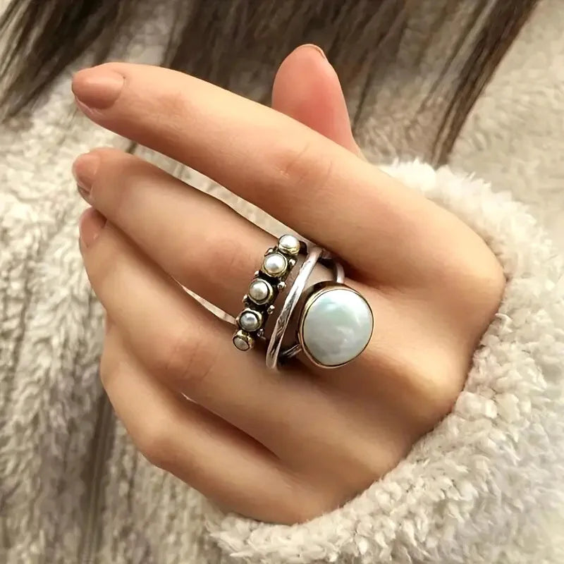 Elegant Silver Pearl Stacking Layered Ring Set