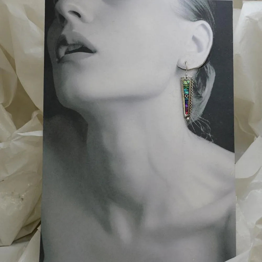 Vintage Silver Opal Inlay Geometric Drop Earrings