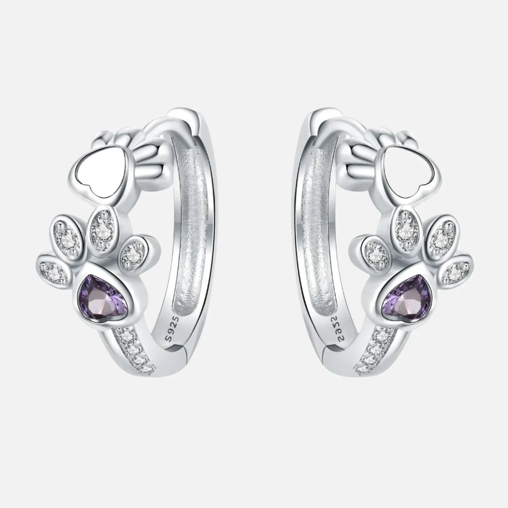 Paw Huggie silver earrings with cubic zirconia and heart-shaped gemstone