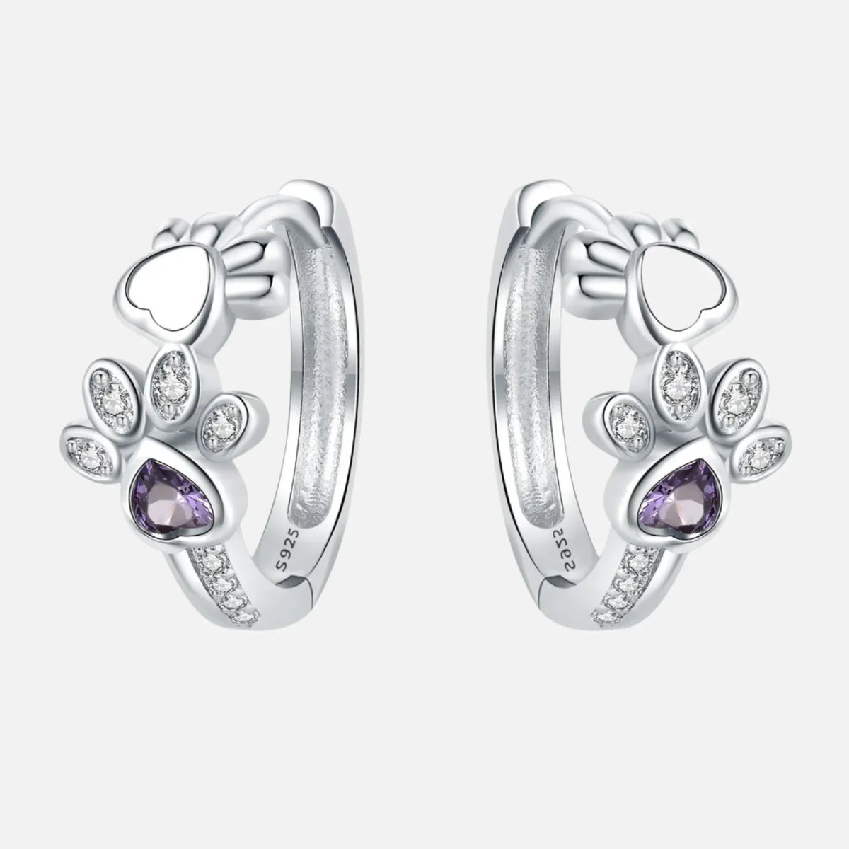 Paw Huggie silver earrings with cubic zirconia and heart-shaped gemstone
