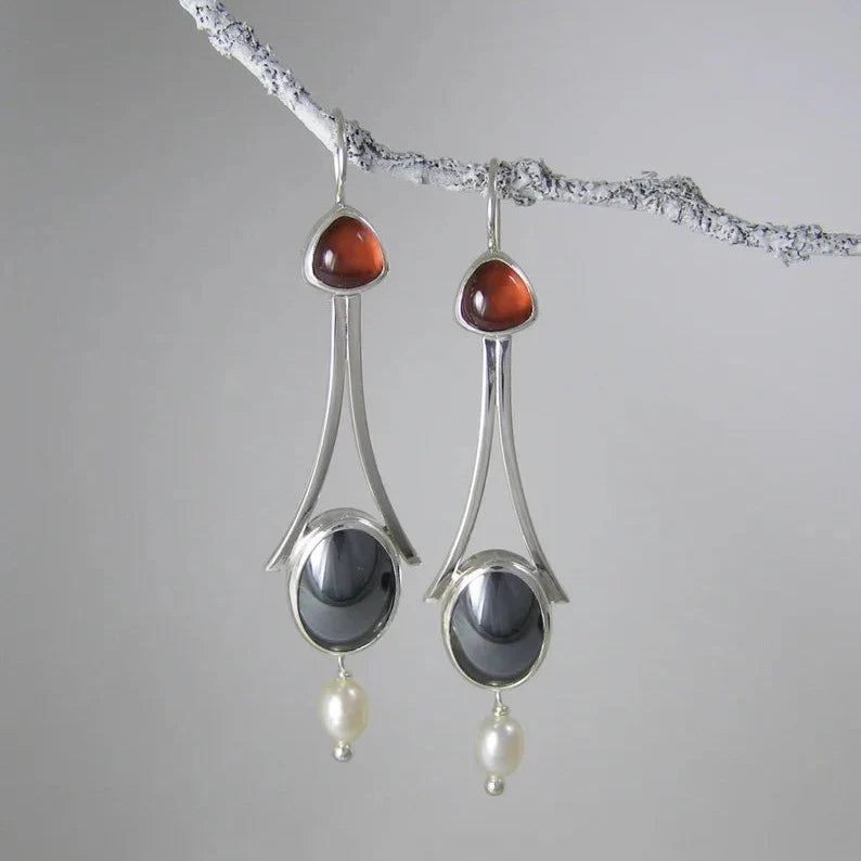 Silver Tri-Stone Pearl Drop Earrings