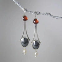 Silver Tri-Stone Pearl Drop Earrings