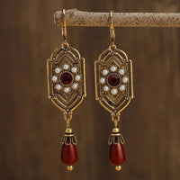 Art Deco Gold Garnet & Pearl Drop Earrings