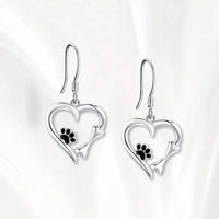 Silver pendant earrings with heart and paw design