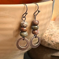 Rustic Stone Bead Hoop Drop Earrings
