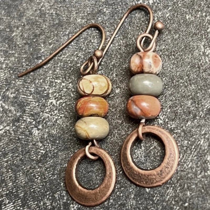 Rustic Stone Bead Hoop Drop Earrings