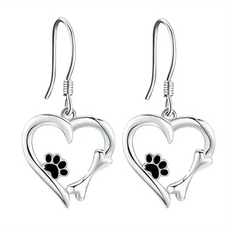 Silver pendant earrings with heart and paw design