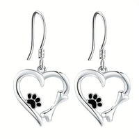 Silver pendant earrings with heart and paw design