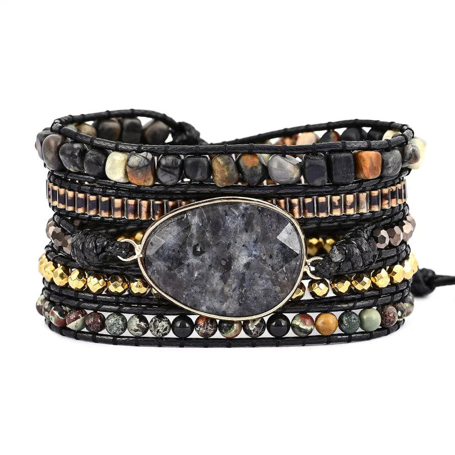 Natural Black Labradorite & Picasso Jasper Beaded Wrap Bracelet