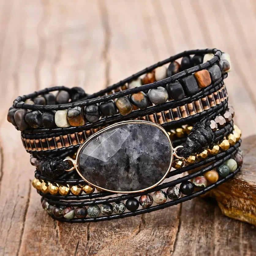 Natural Black Labradorite & Picasso Jasper Beaded Wrap Bracelet