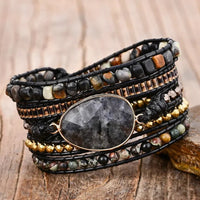 Natural Black Labradorite & Picasso Jasper Beaded Wrap Bracelet