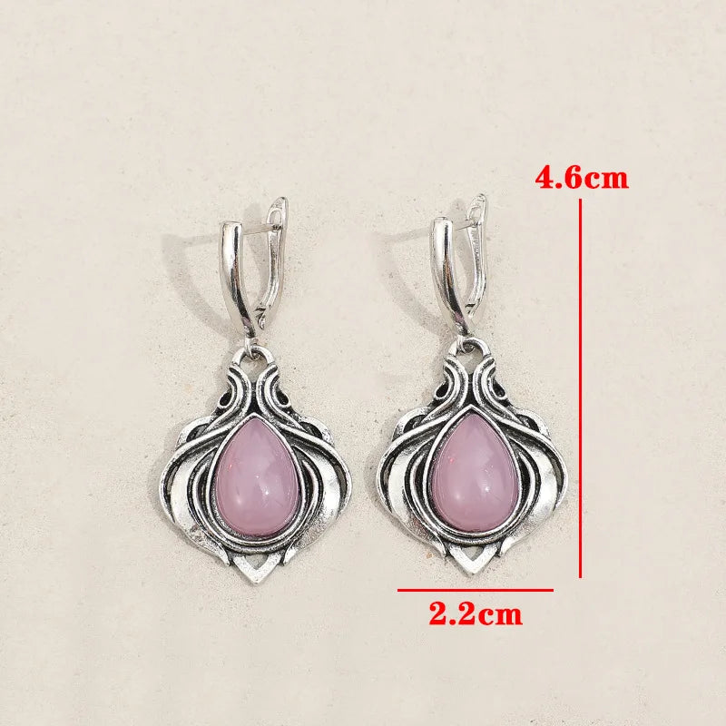 Vintage Victorian Style Water Droplet Inlaid with Pink Stones Earrings