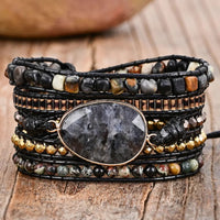 Natural Black Labradorite & Picasso Jasper Beaded Wrap Bracelet