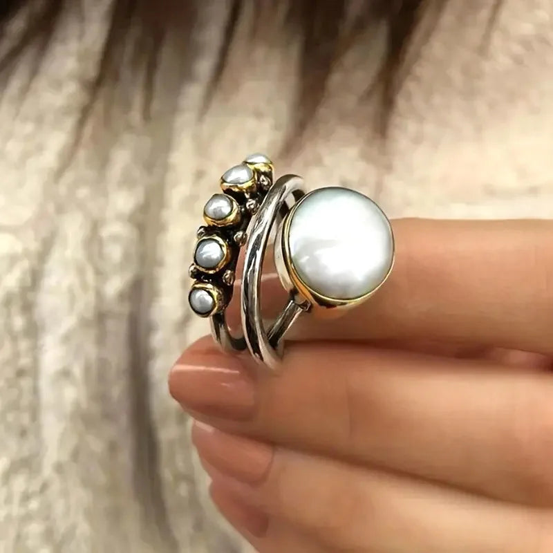 Elegant Silver Pearl Stacking Layered Ring Set