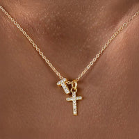 Dainty Diamond Initial & Cross Pendant Necklace