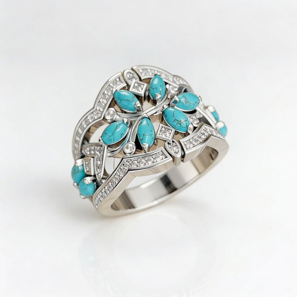 Vintage Bohemian Turquoise Floral Cluster Ring