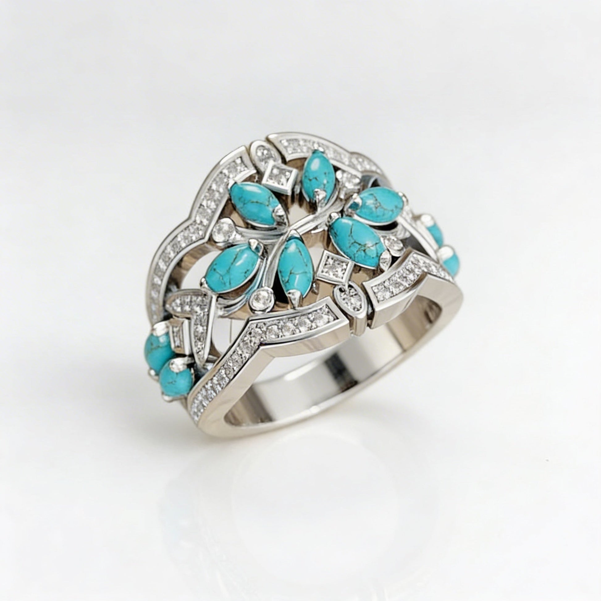 Vintage Bohemian Turquoise Floral Cluster Ring
