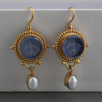 Vintage Deep Blue Crystal & Pearl Earrings