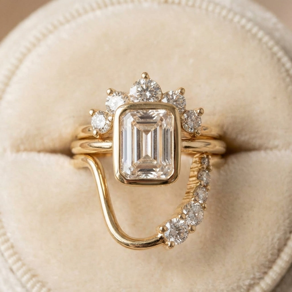 Vintage Style Zirconia Emerald Cut Gold Plated Stacking Ring