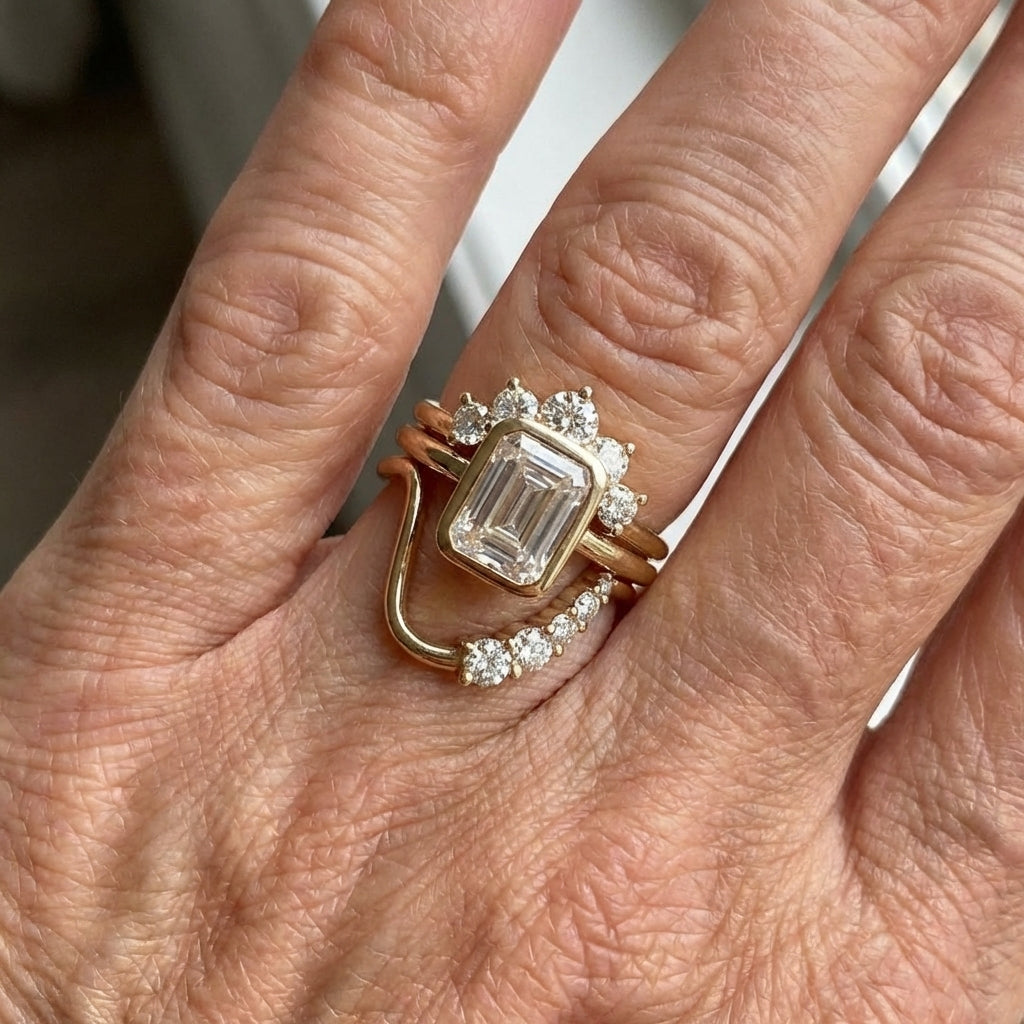 Vintage Style Zirconia Emerald Cut Gold Plated Stacking Ring