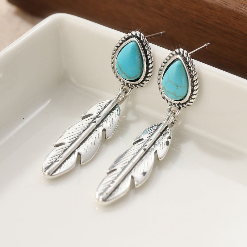 Retro Tribal Turquoise Feather Drop Earrings