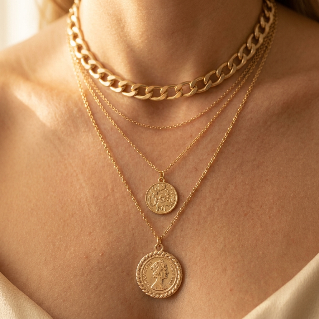 Layered Chain Necklace With Interlocking Rings