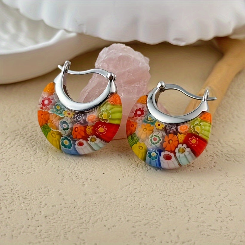 Vintage Vibrant Glass Floral Bead Dangle Earrings