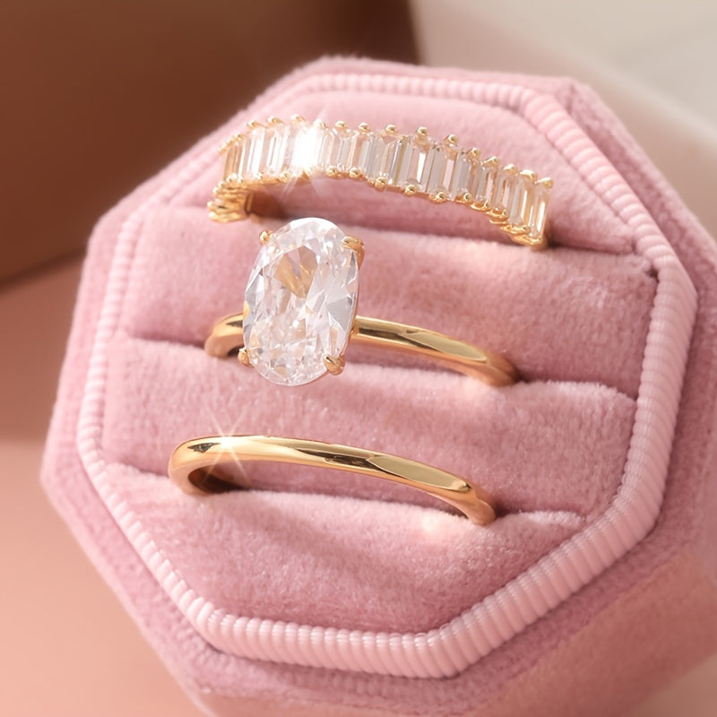 Elegant Oval Cut Zirconia Engagement Stacked Ring Set
