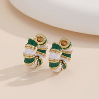 Vintage Enamel Huggie Hoop Earrings with Gold Accents
