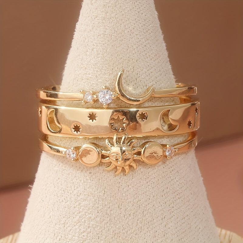 Vintage Style Half Moon Inlaid Zirconia Stackable Ring Set