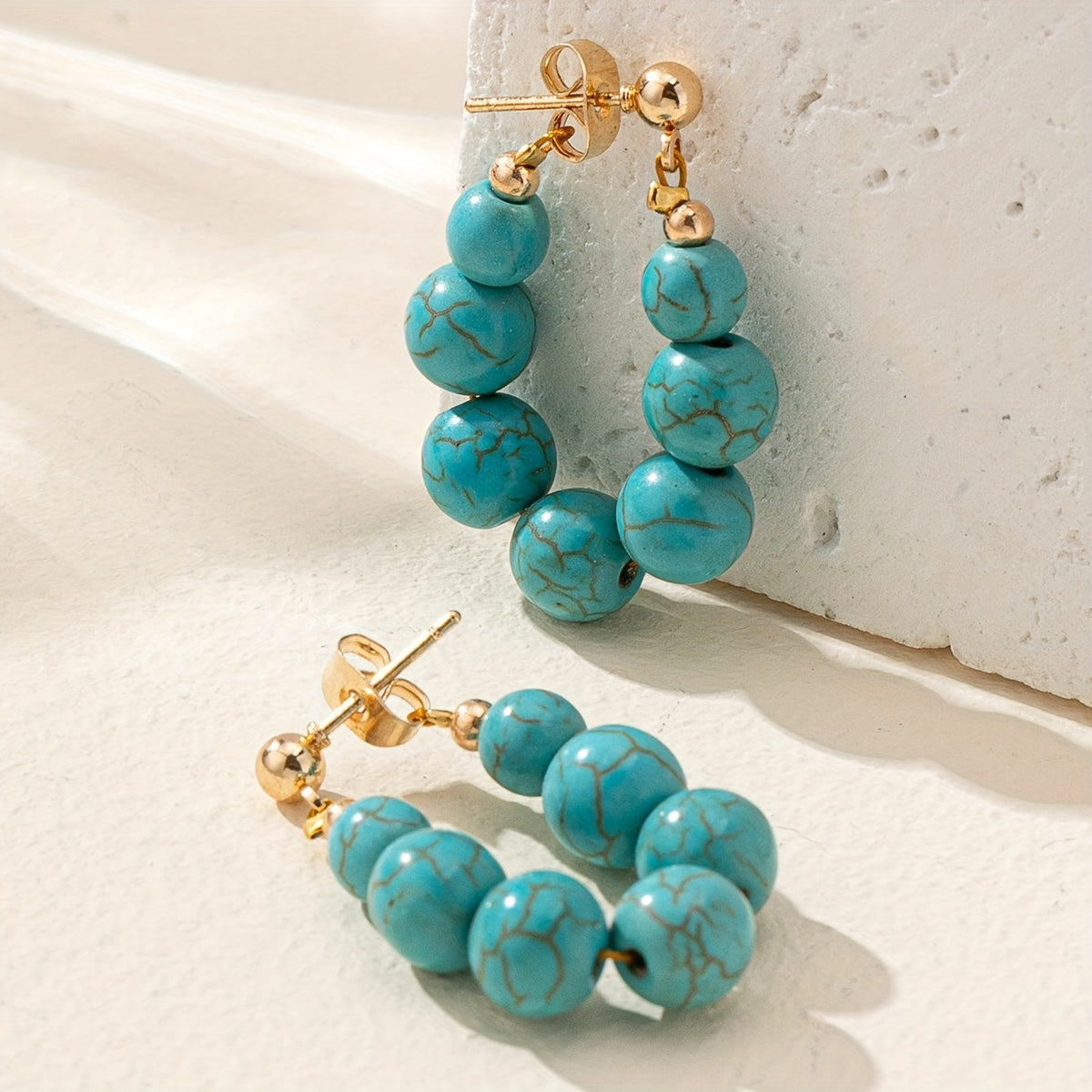 Boho Natural Stone Beaded Gold Plated Hoop Earrings