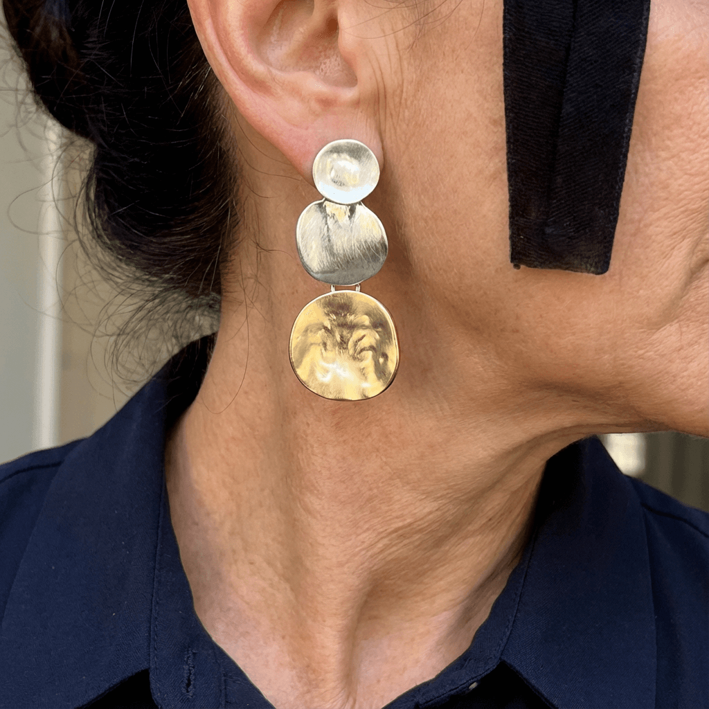 Geometric Two-Tone Hammered Disc Drop Earrings