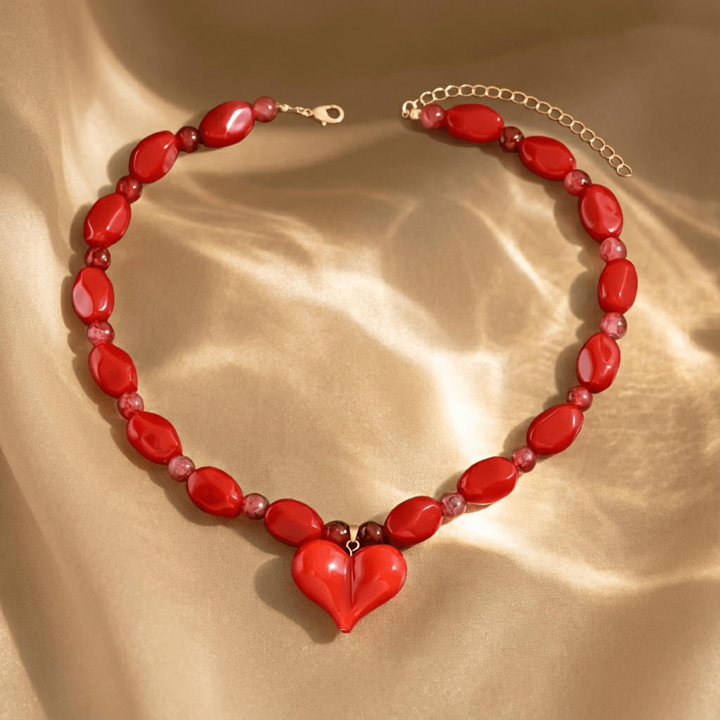 Classic Red Glass Beaded Heart Pendant Necklace