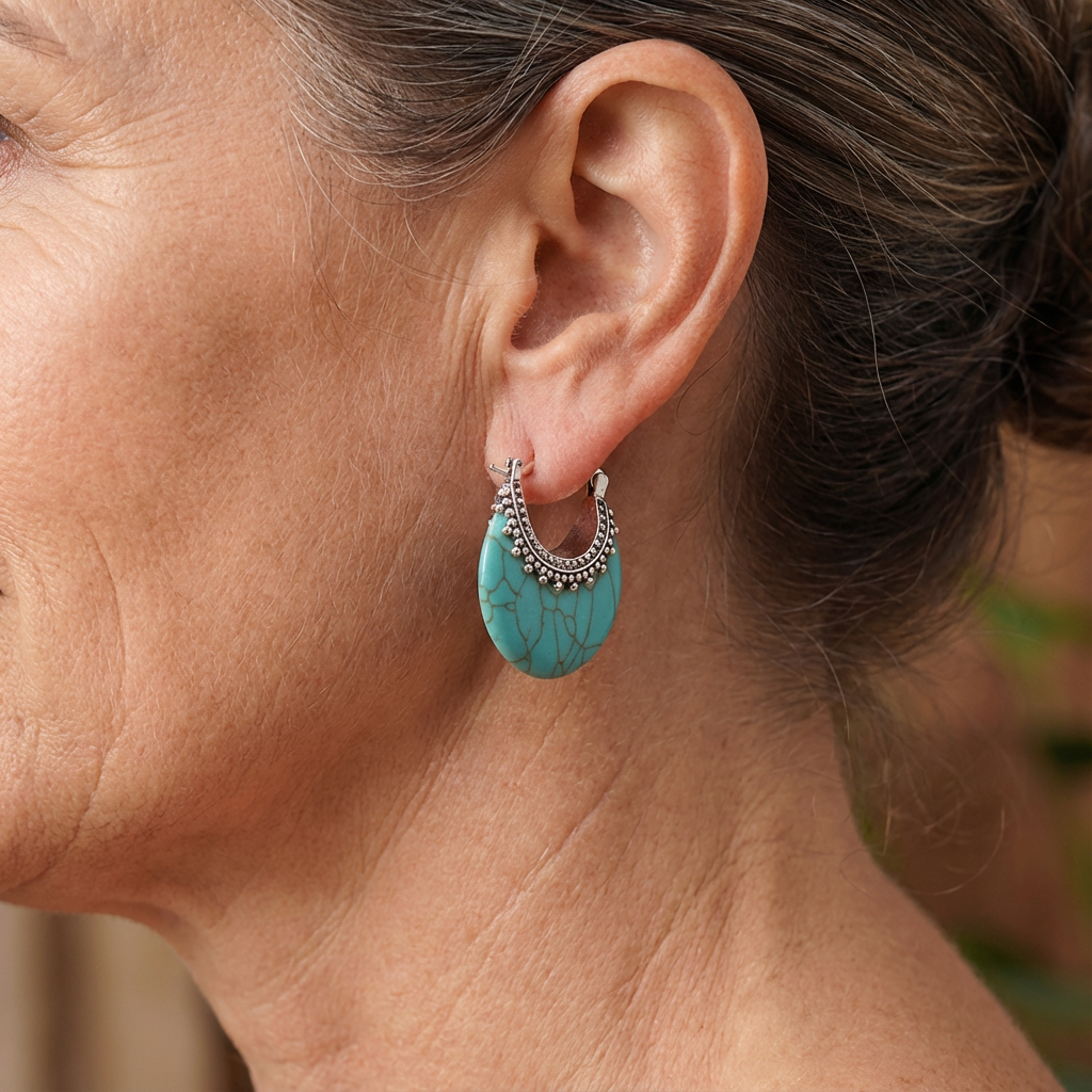 Turquoise Crescent Silver Plated Hoop Earrings
