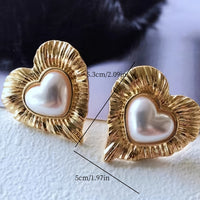 Vintage Gold Plated Faux Pearl Inlay Heart Shaped Stud Earrings