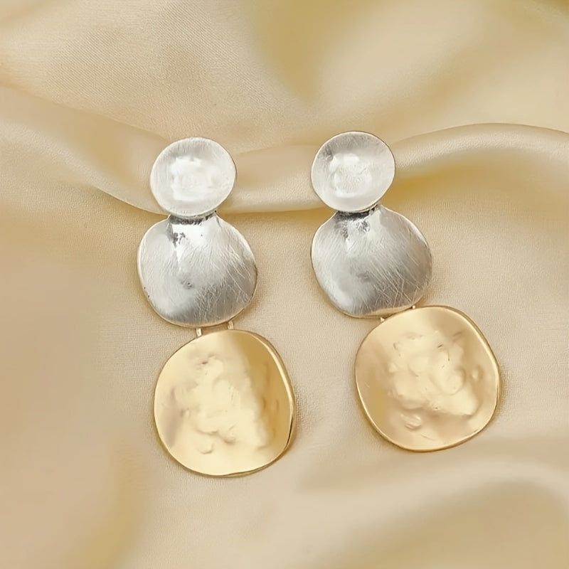 Geometric Two-Tone Hammered Disc Drop Earrings