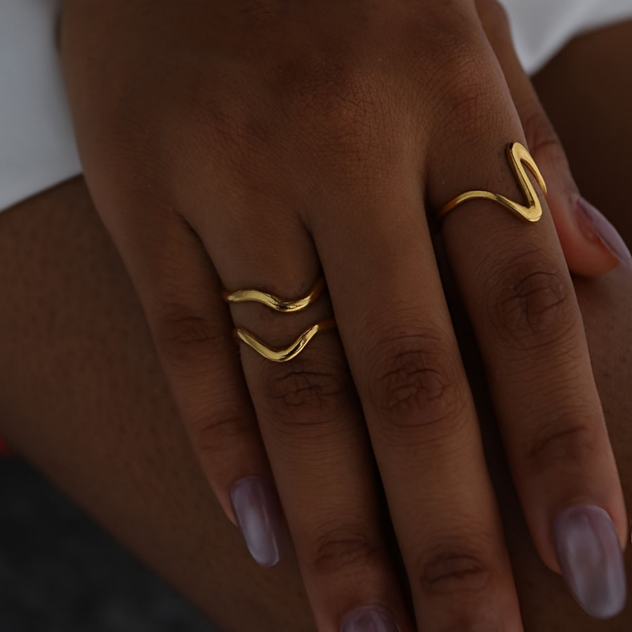 Minimal Design Wave-Style Gold Adjustable Ring Set