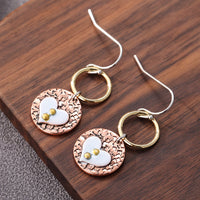 Rustic Textured Mixed Metal Circle Heart Dangle Earrings