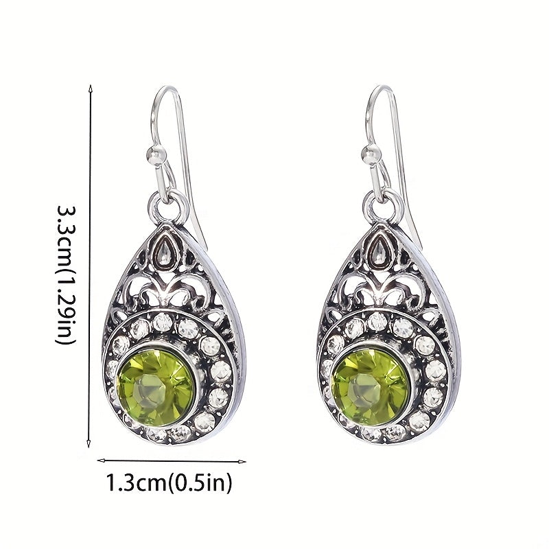 Retro Ethnic Style Water Droplet Green Zirconia Pendant Earrings