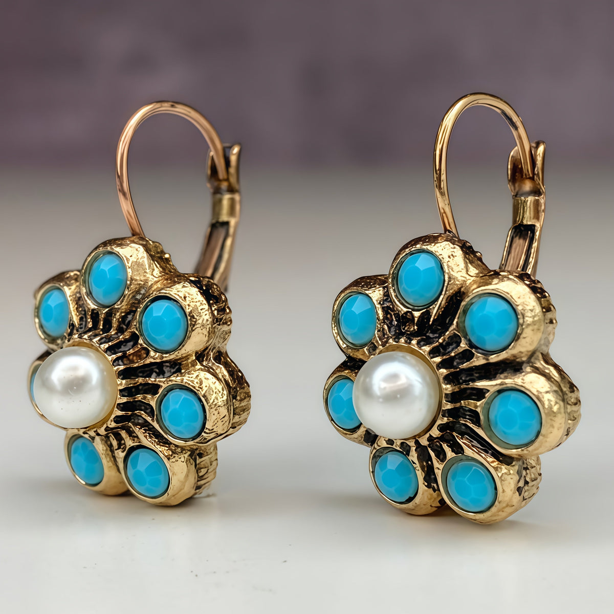 Vintage Style Turquoise And Pearls Flower Earrings