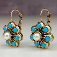 Vintage Style Turquoise And Pearls Flower Earrings