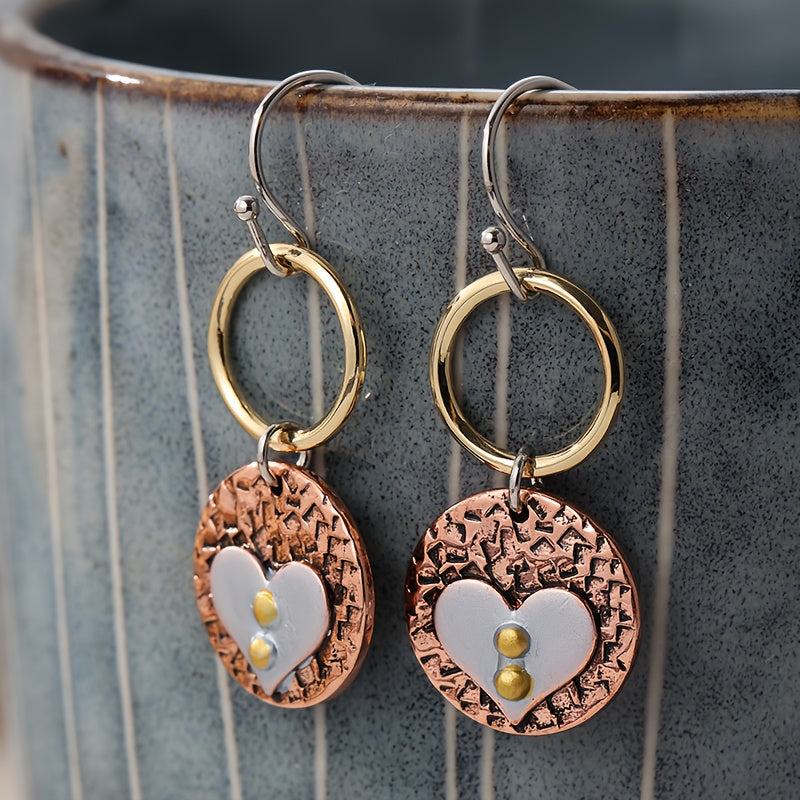 Rustic Textured Mixed Metal Circle Heart Dangle Earrings