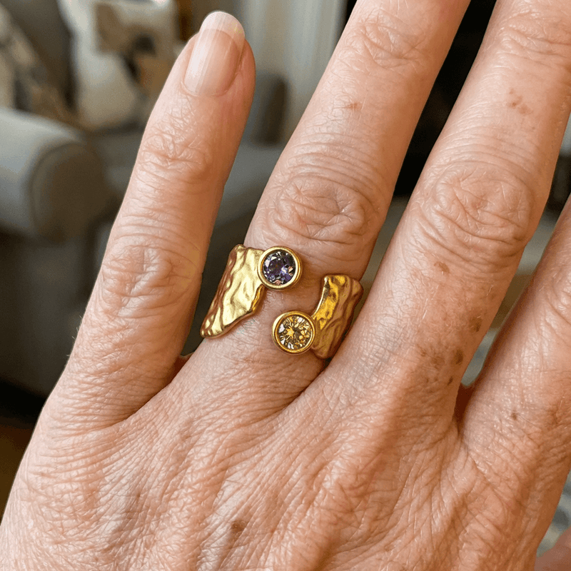 Adjustable Asymmetrical Hammered Gold Plated Zirconia Inlaid Ring