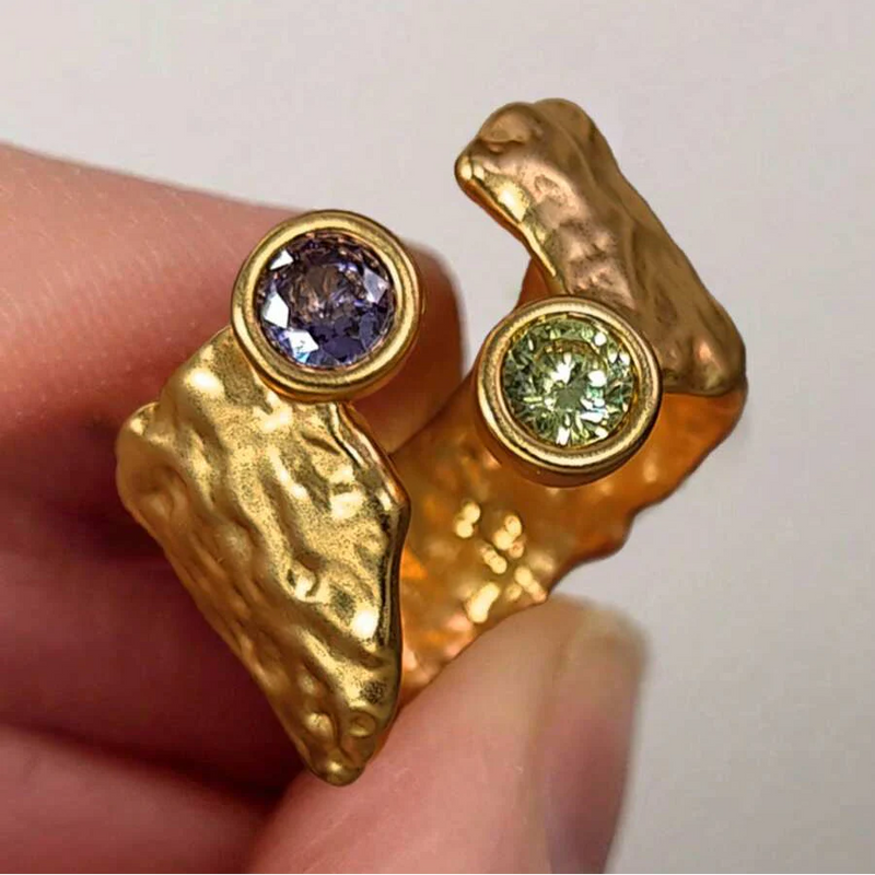 Adjustable Asymmetrical Hammered Gold Plated Zirconia Inlaid Ring