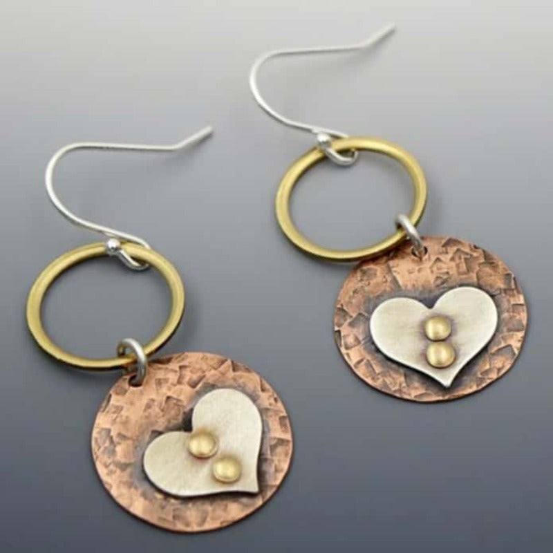 Rustic Textured Mixed Metal Circle Heart Dangle Earrings