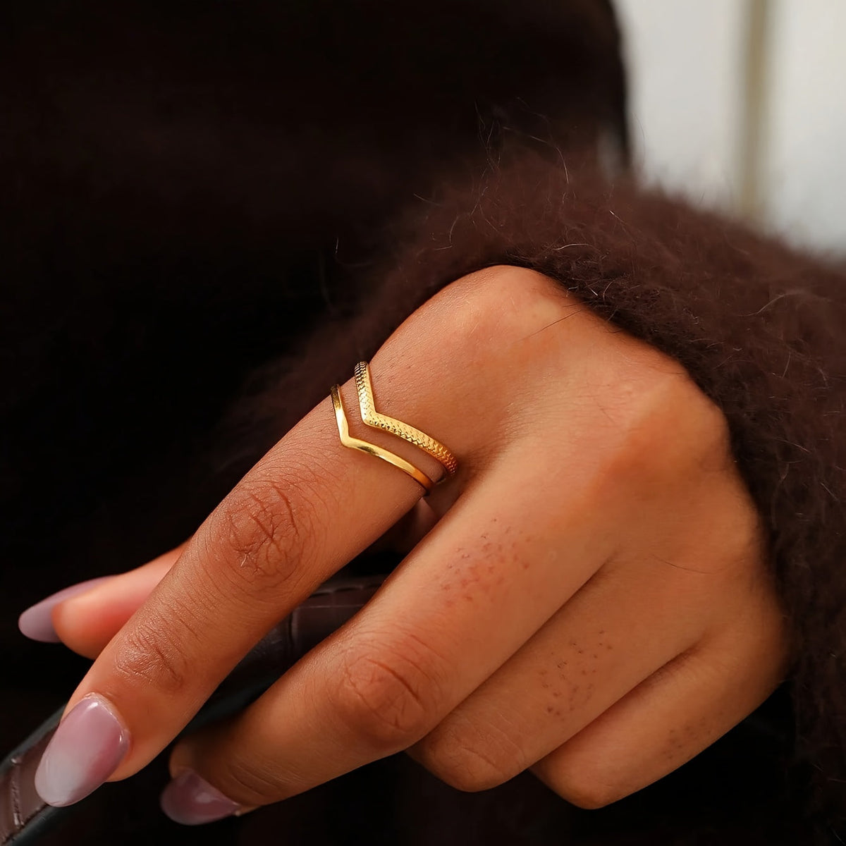 Double-Layer Gold V-Shaped Adjustable Statement Ring
