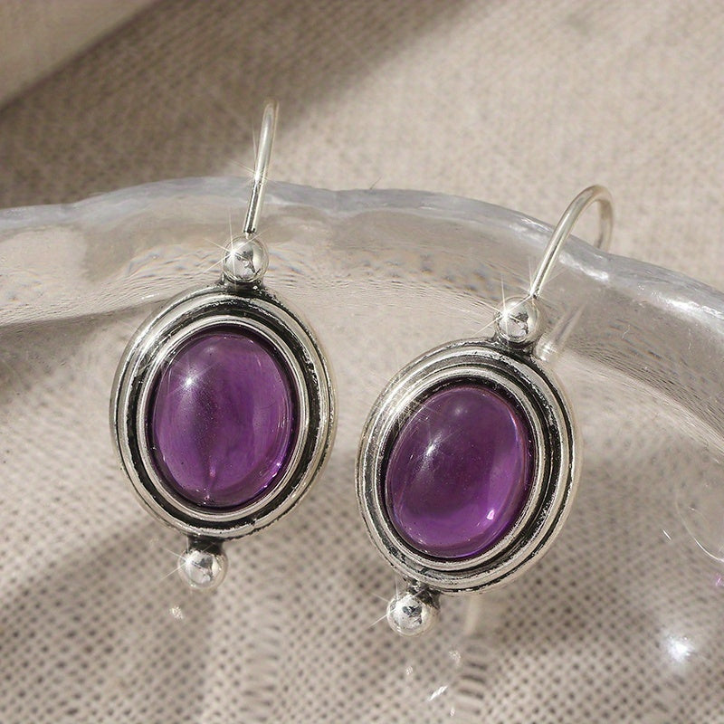 Vintage Boho Purple Gemstone Silver Plated Drop Earrings