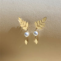 Vintage Elegant Gold Leaf & Pearl Drop Earrings