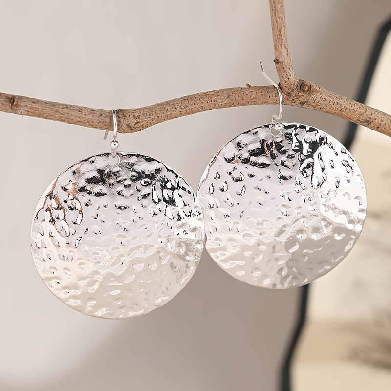 Vintage Hammered Large Disk Dangle Circle Earrings