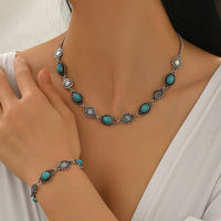 Bohemian Turquoise & Silver Floral Necklace and Bracelet Set